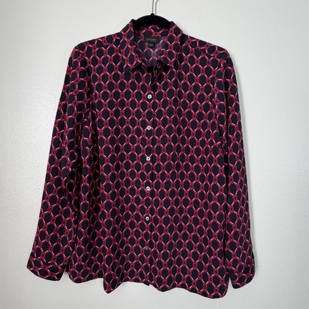 J.Jill Blouse Wearever Easy Care Size Medium Navy Pink Red Long Sleeve Button